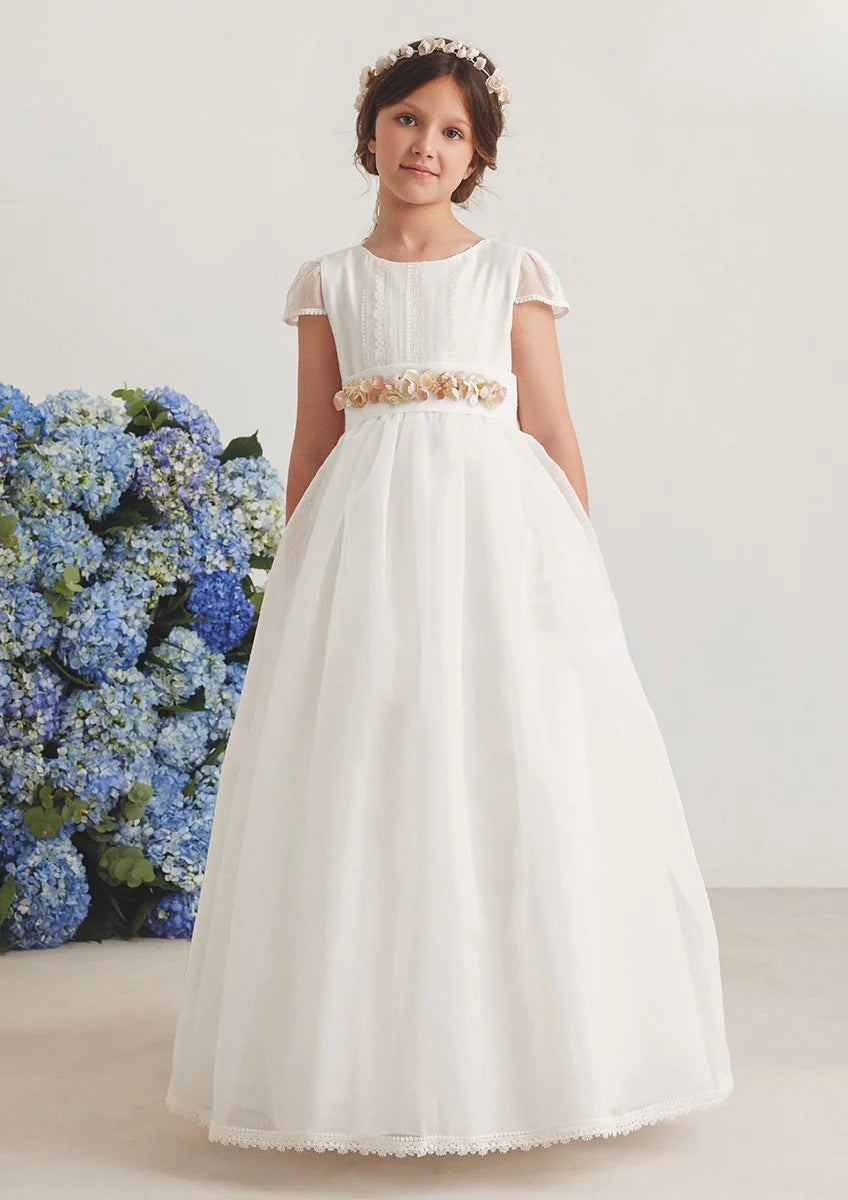 Vestido largo blanco con lazada bicolor para comunión (incluye corona de flores diferente de foto) - 587001MC -  marca Amaya