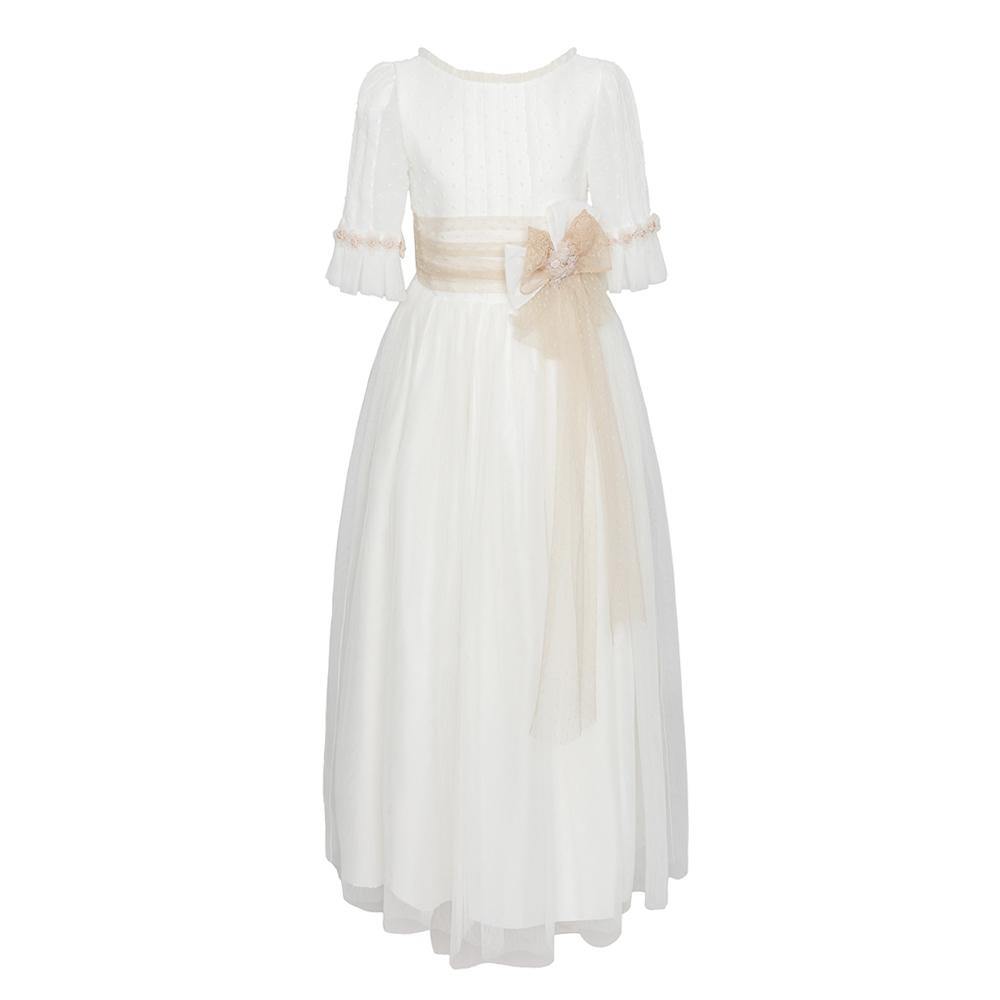 Vestido largo blanco con lazada beige para comunión - K111 - marca Marla