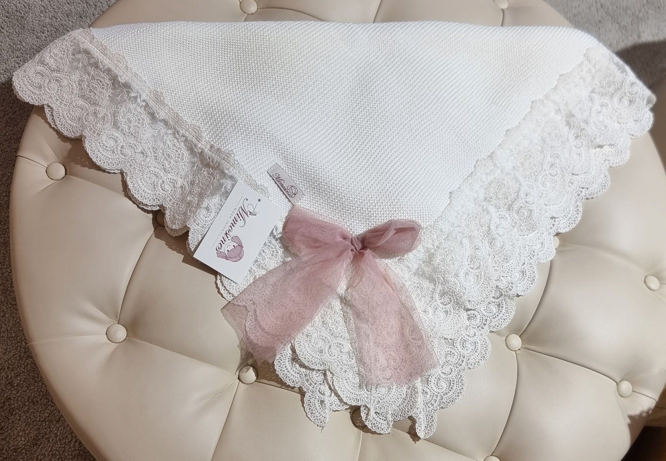 Manta para bautizo con lazo rosa - 3166 - marca Mimosines