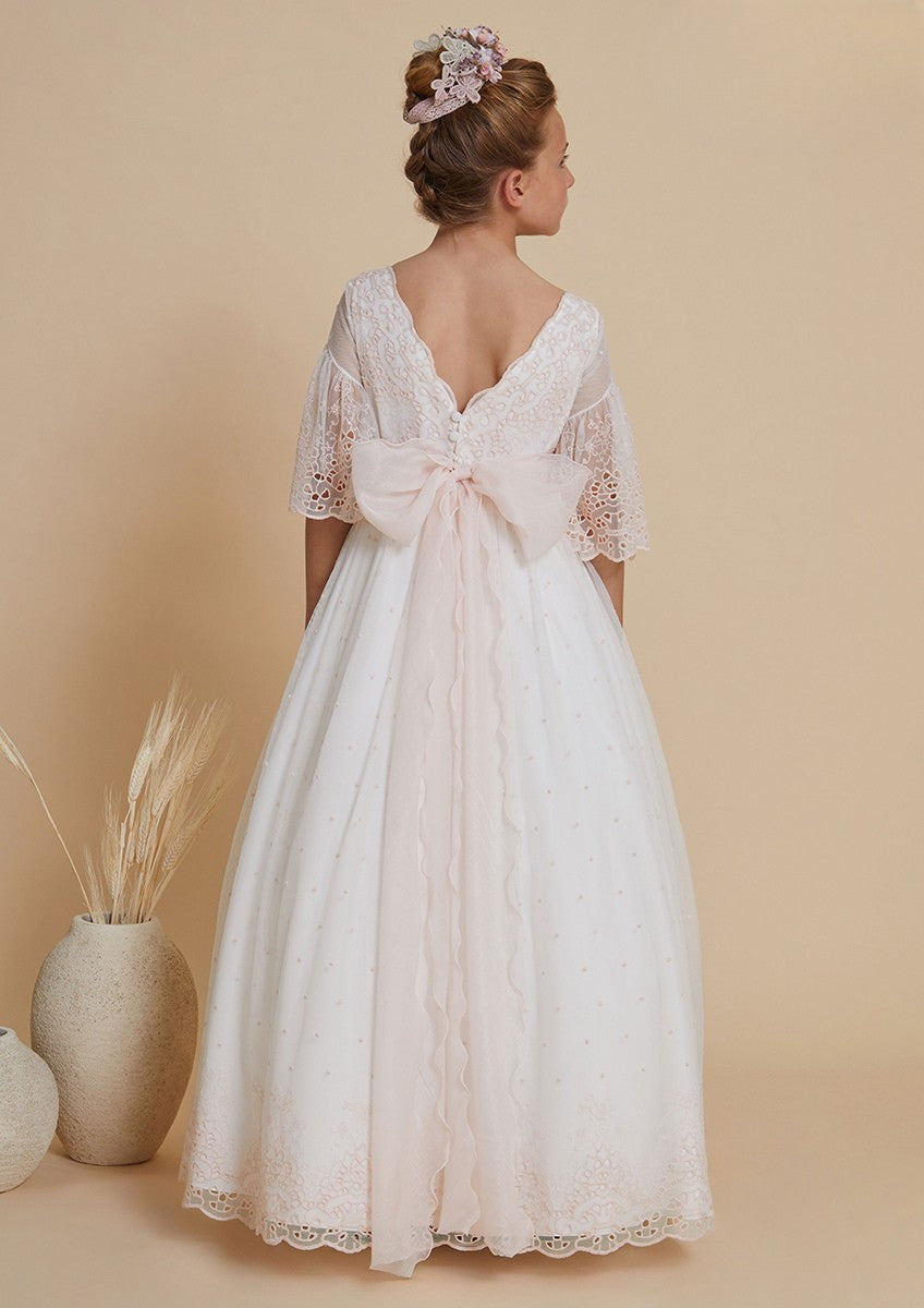Vestido largo blanco con lazo rosa para comunión - 617018MD - marca Amaya