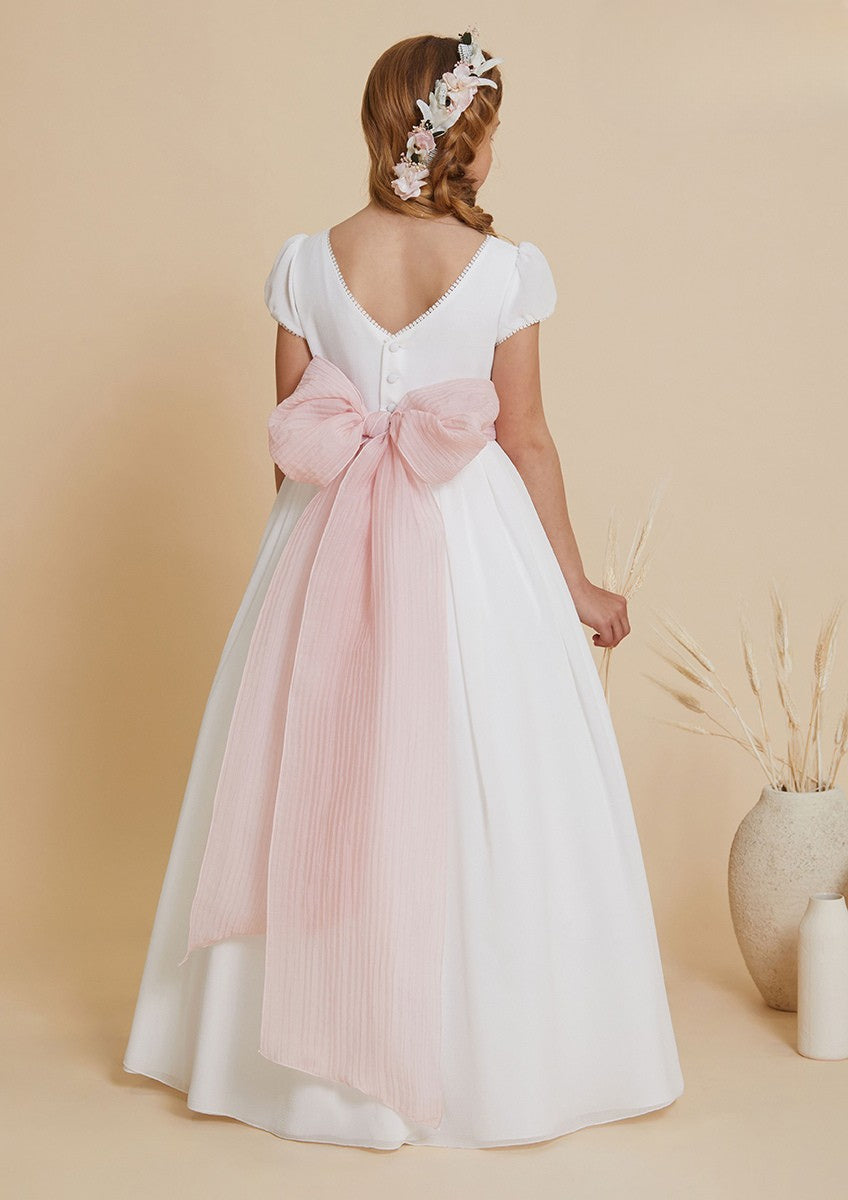 Vestido largo blanco con cinturón floral rosa para comunión - 617026MC - marca Amaya
