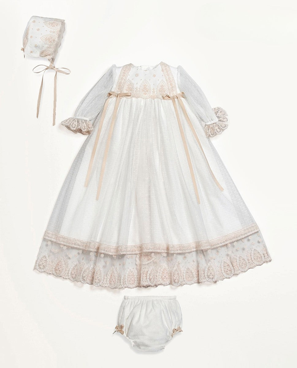 Ropón de tul para bautizo color blanco con gorro y calzoncillo - 632101 - marca Amaya