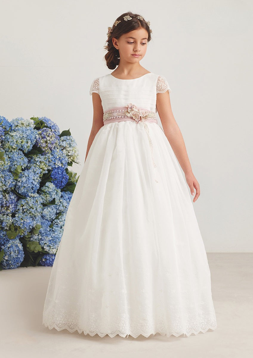 Vestido largo blanco con encaje y cuello barco para comunión - 587004MC - marca Amaya