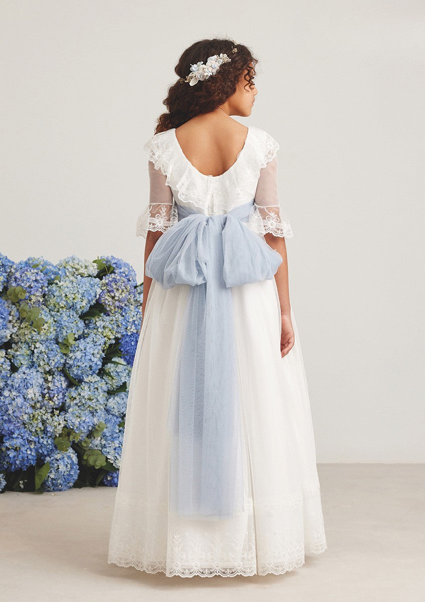 Vestido largo blanco con cinturón azul para comunión - 587024MD - marca Amaya