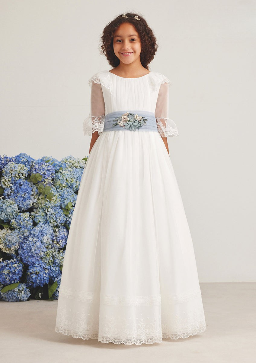 Vestido largo blanco con cinturón azul para comunión - 587024MD - marca Amaya