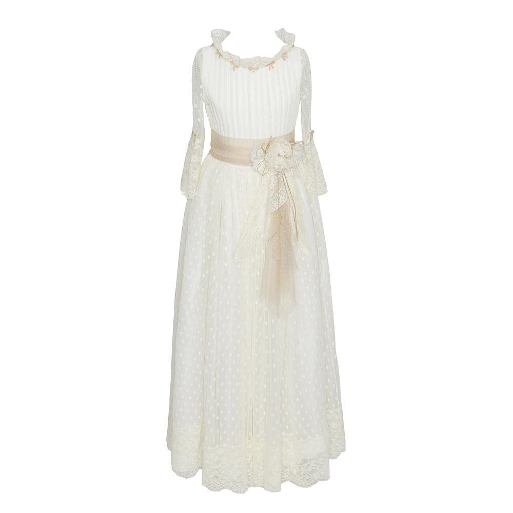 Vestido largo blanco con lazada en tul beige para comunión - H497 - marca Marla