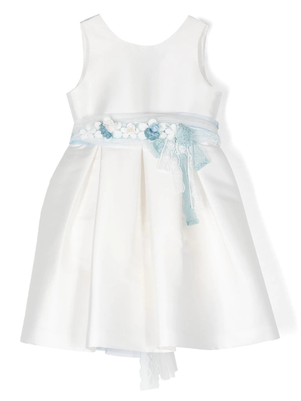 Vestido blanco satinado con cinturón azul para eventos sociales - 603 - marca Mimilú