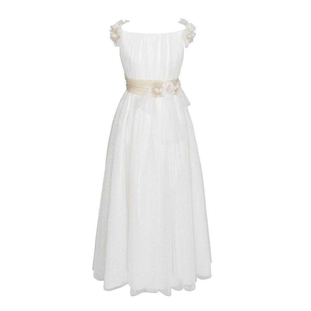 Vestido largo blanco para comunión con lazada beige - H089 - marca Marla
