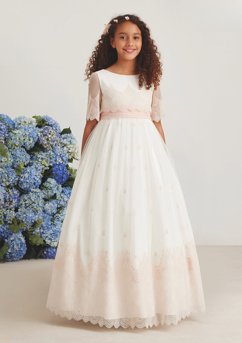 Vestido largo blanco con bordado rosa para comunión - 587018MD - marca Amaya