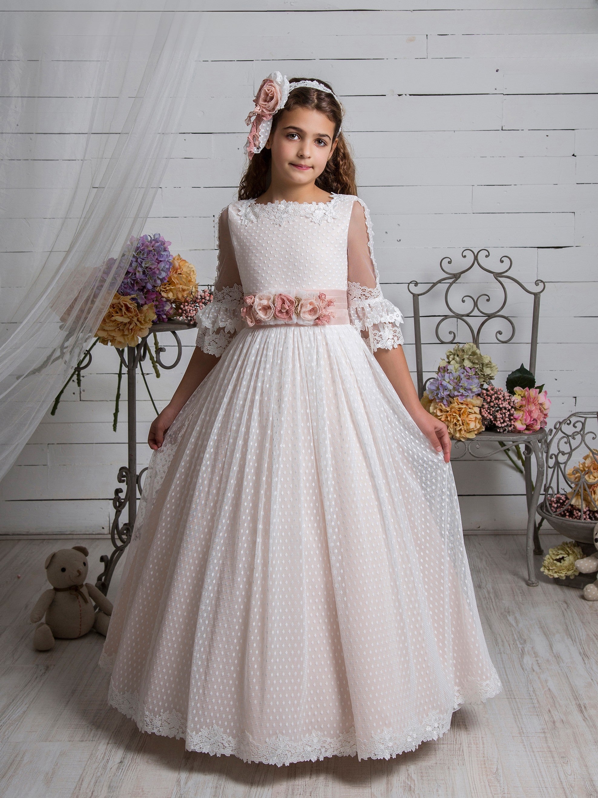 Vestido largo en tonos rosa y salmón para comunión - L327 - marca Marla