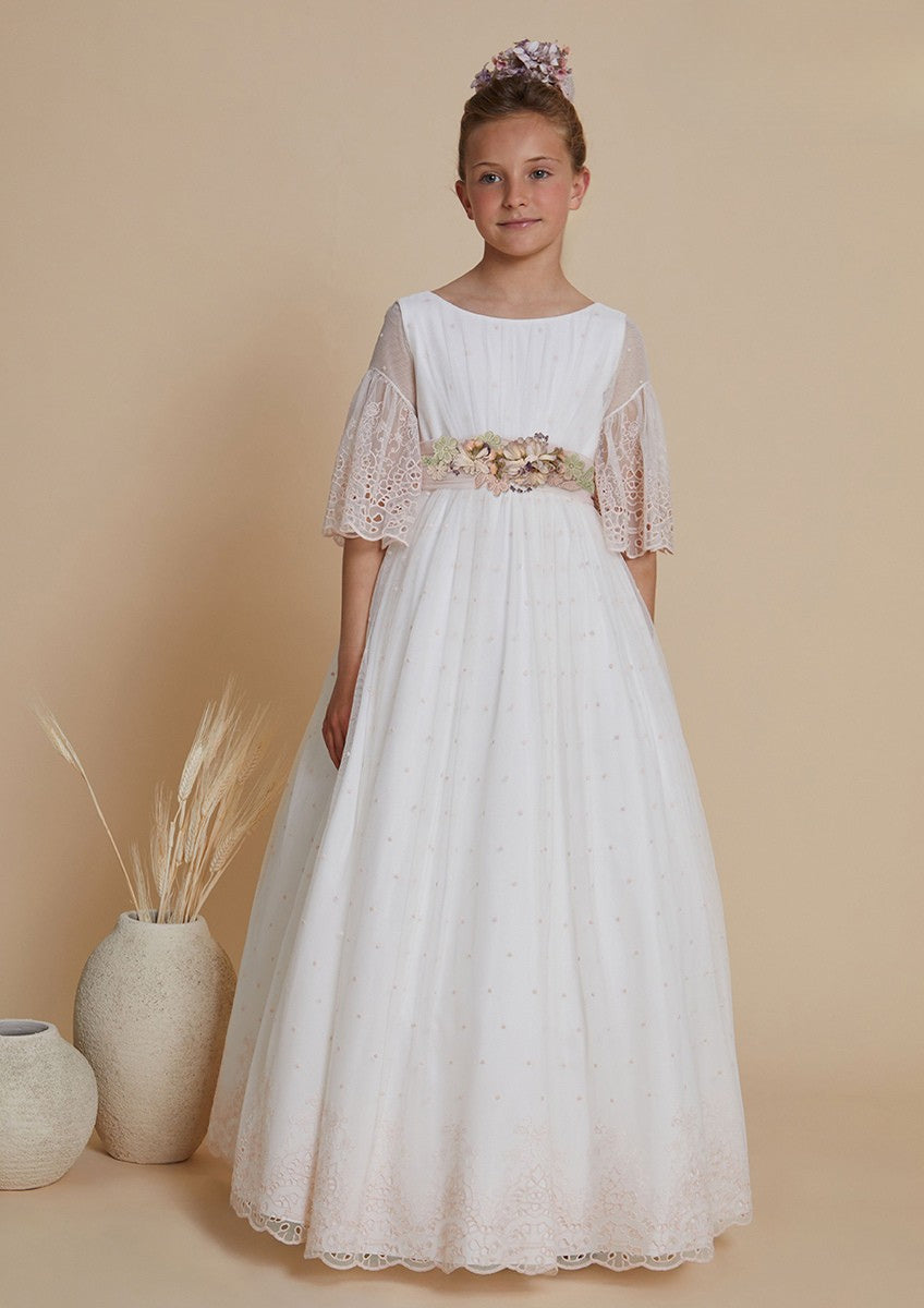 Vestido largo blanco con lazo rosa para comunión - 617018MD - marca Amaya