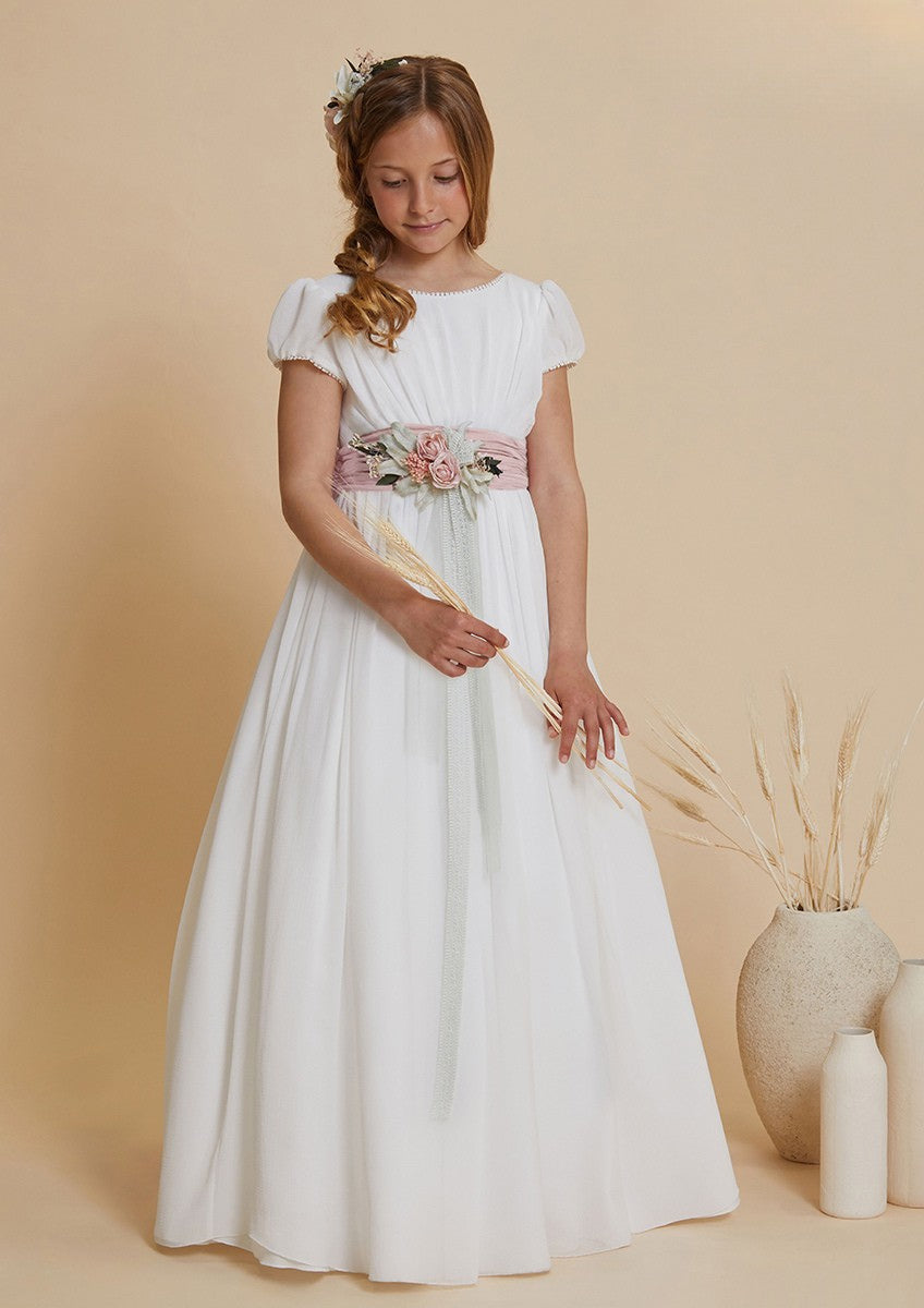 Vestido largo blanco con cinturón floral rosa para comunión - 617026MC - marca Amaya
