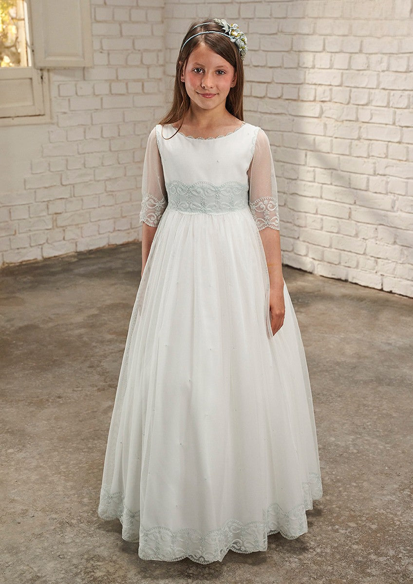 Vestido blanco con manga tres cuartos y cinturón color verde agua para comunión niña - 637026MD - marca Amaya