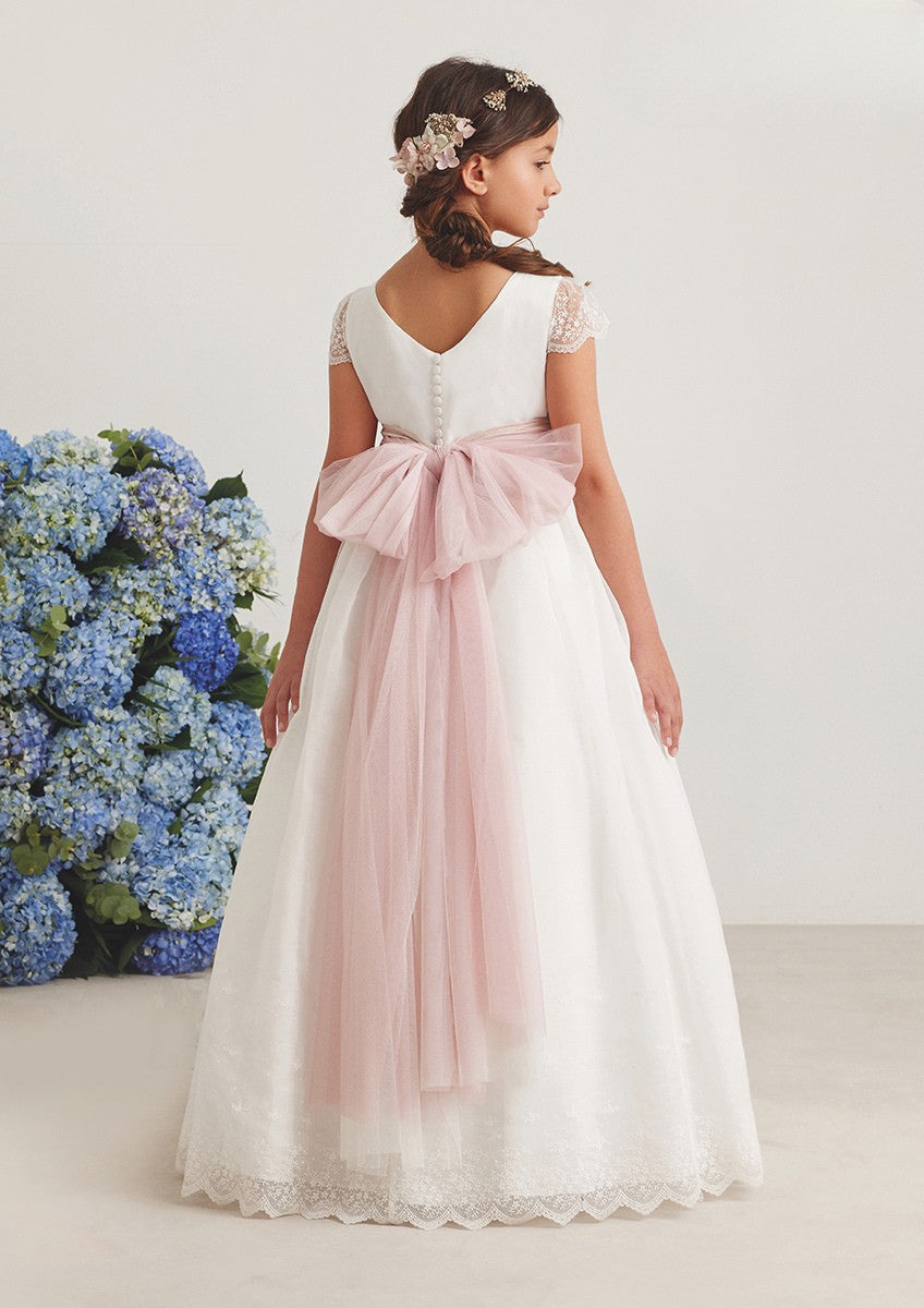 Vestido largo blanco con encaje y cuello barco para comunión - 587004MC - marca Amaya