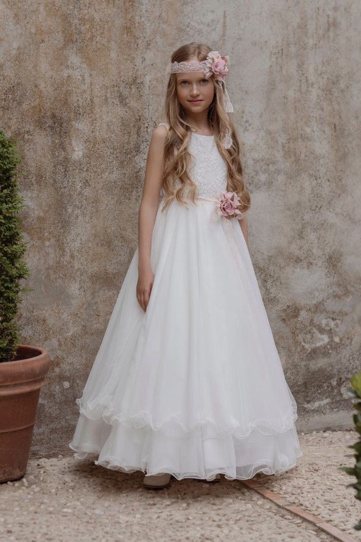 Vestido largo de tul blanca con falda vaporosa en varios niveles para niñas - 118 - marca Mimilú