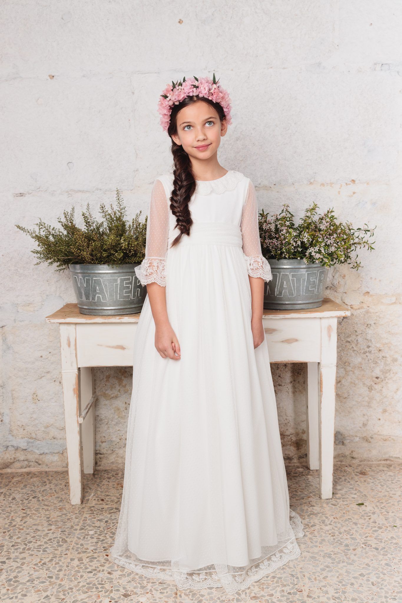 Vestido con escote redondo bordado de encaje para comunión niña - GILDA - marca Flor de C