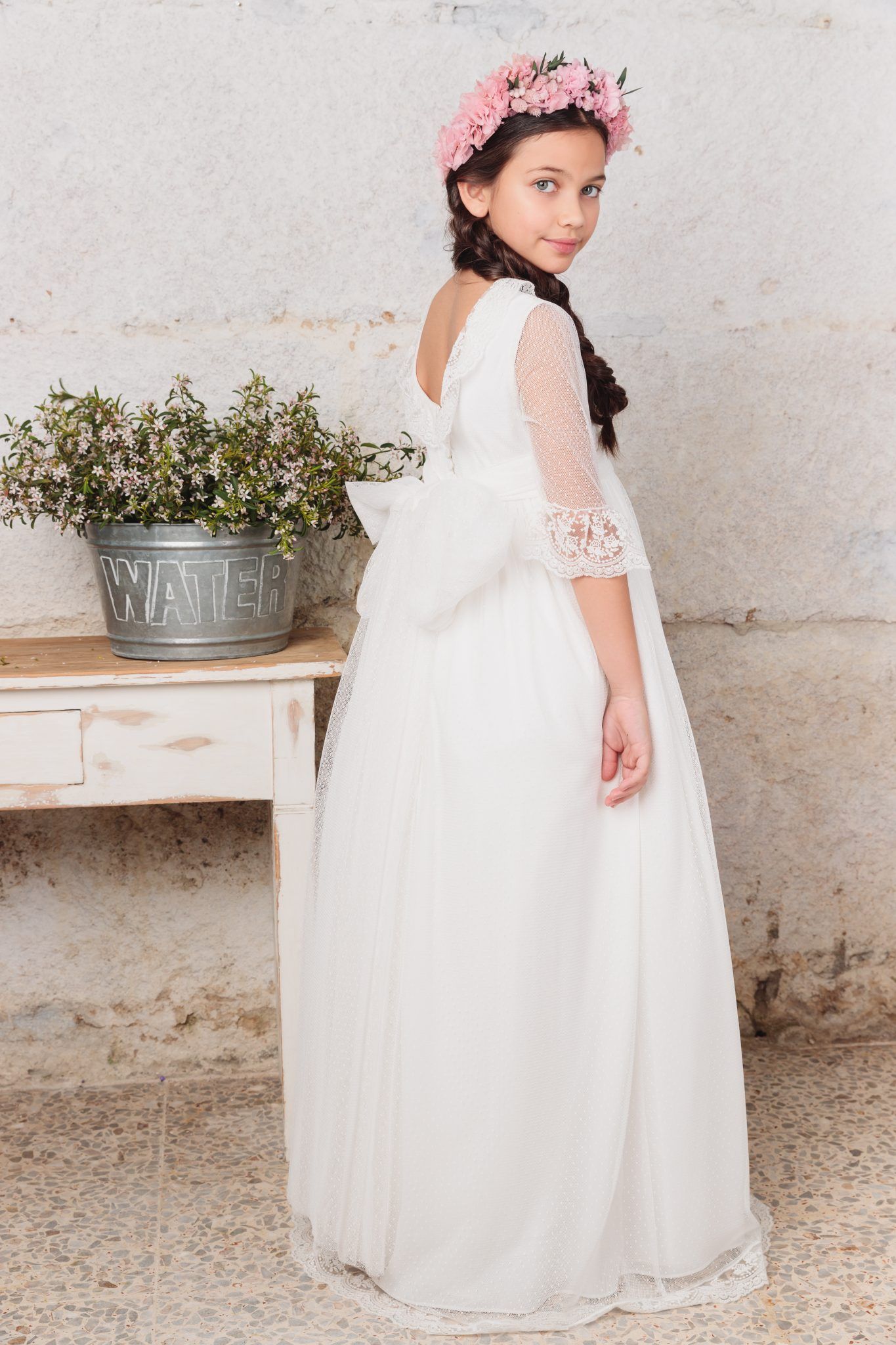 Vestido con escote redondo bordado de encaje para comunión niña - GILDA - marca Flor de C