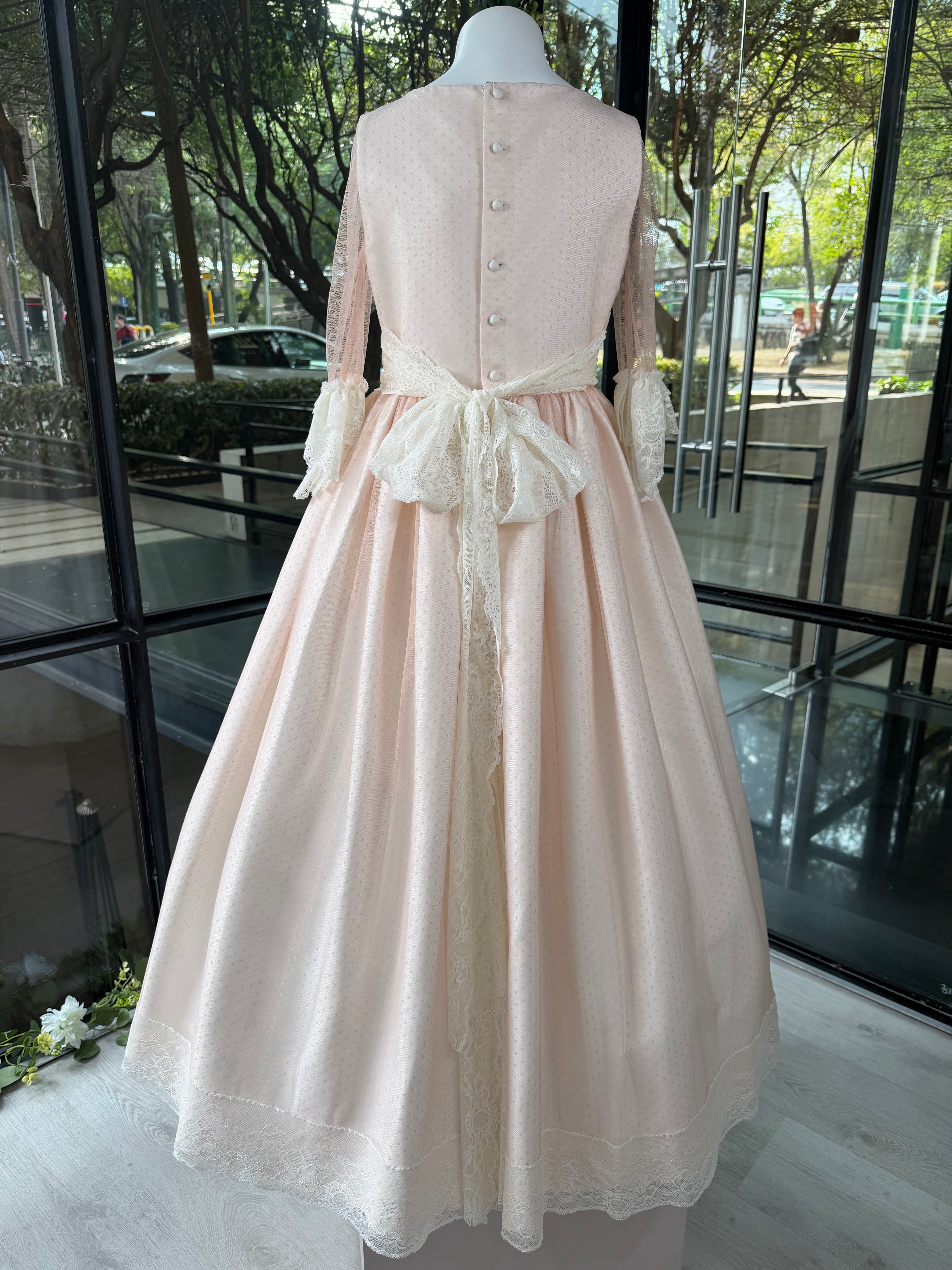 Vestido largo tono rosa tela satinada para primera comunión - L162 - marca Marla