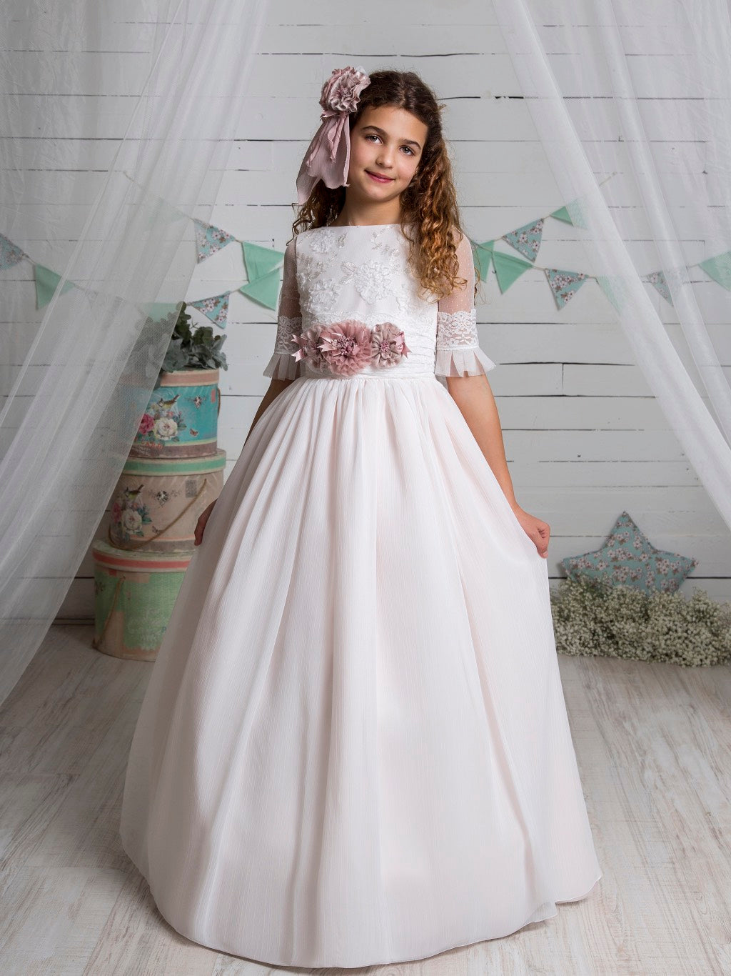 Vestido largo blanco plumeti para comunión - L113 - marca Marla