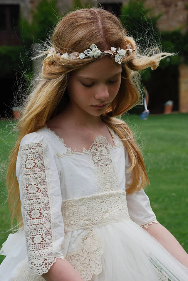 Vestido de comunión largo blanco con encaje beige LUA - marca Mon Air