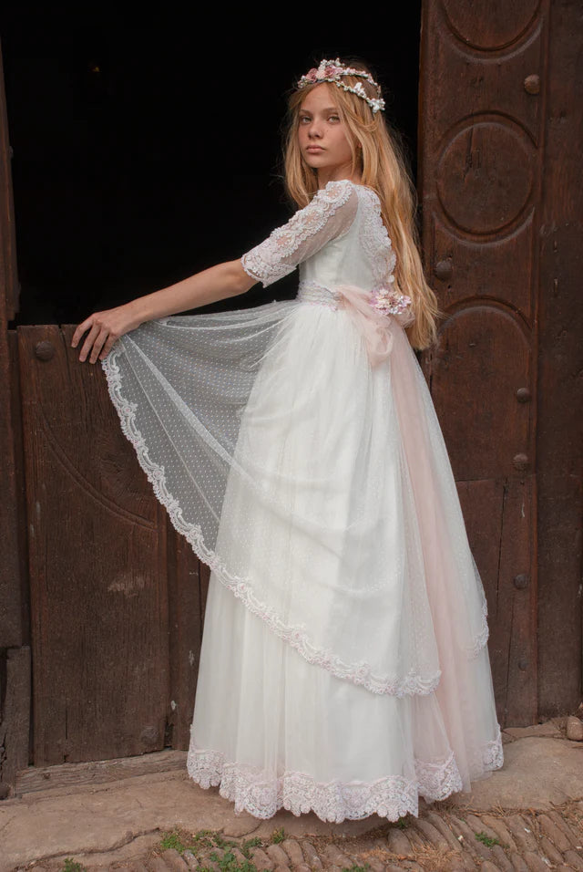 Vestido de comunión largo blanco lazado rosa y encaje rosa LUNA ROSA (sin corona) - marca Mon Air