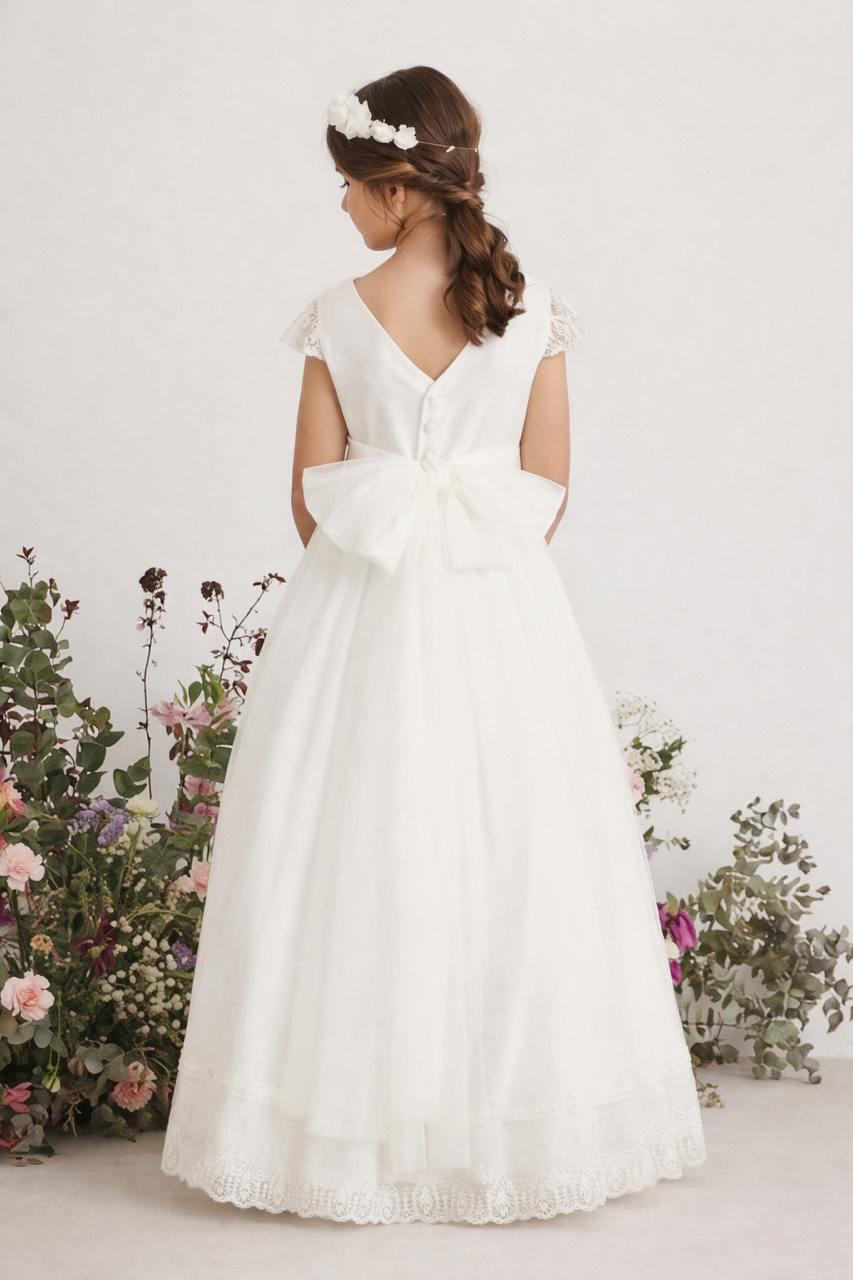 Vestido largo blanco con bordado y encaje para comunión - 587011MC - marca Amaya