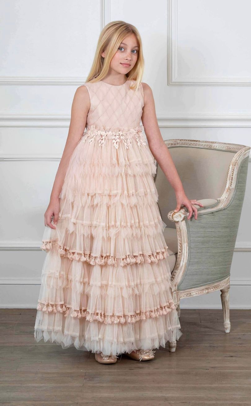 Vestido de tul color beige y rosa con falda escalonada para niñas - Rapsody - marca Cap-Ras