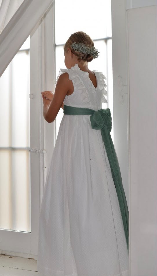Vestido blanco de tela algodón decorado con puntos para comunión niña - VALENTINA - marca Petritas