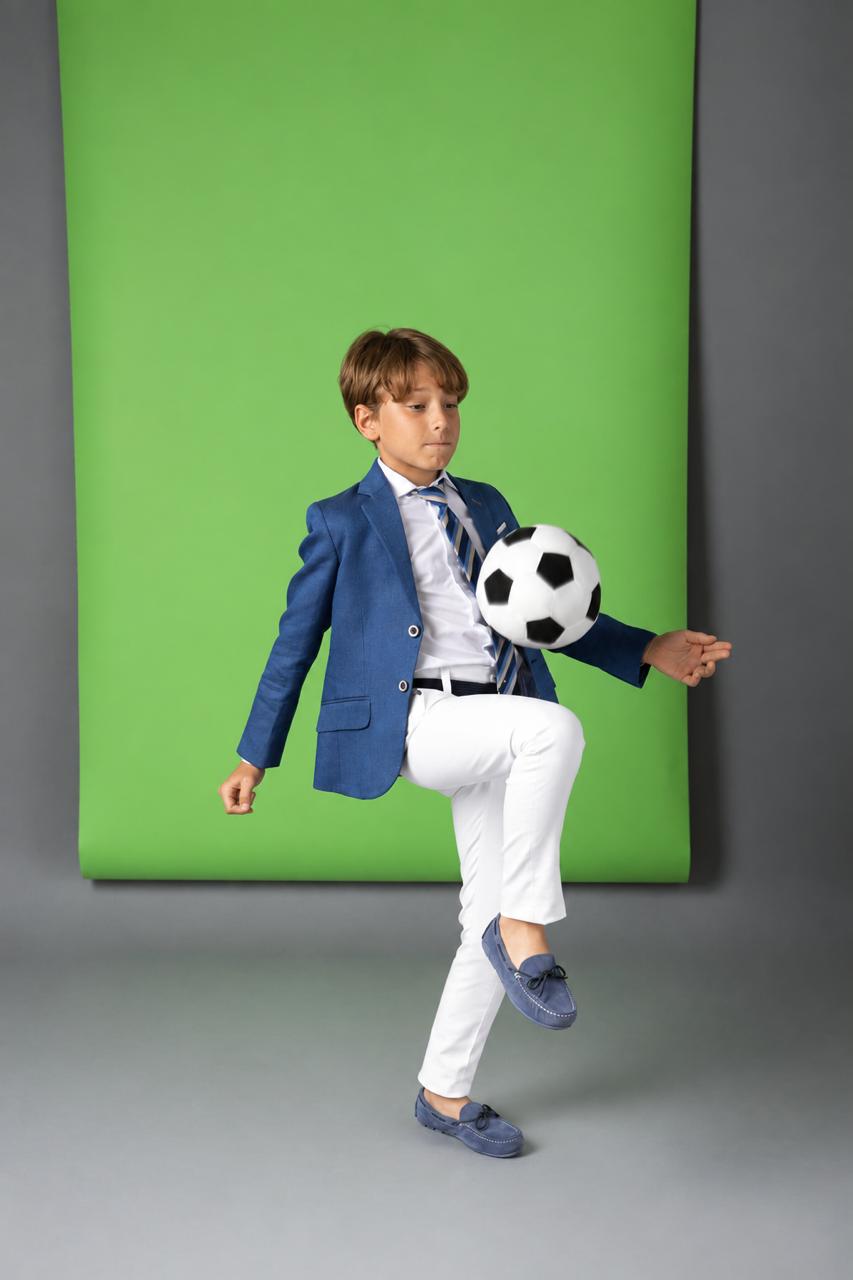 Traje completo con saco azul claro y pantalón color blanco para comunión niño - marca Nova Drima