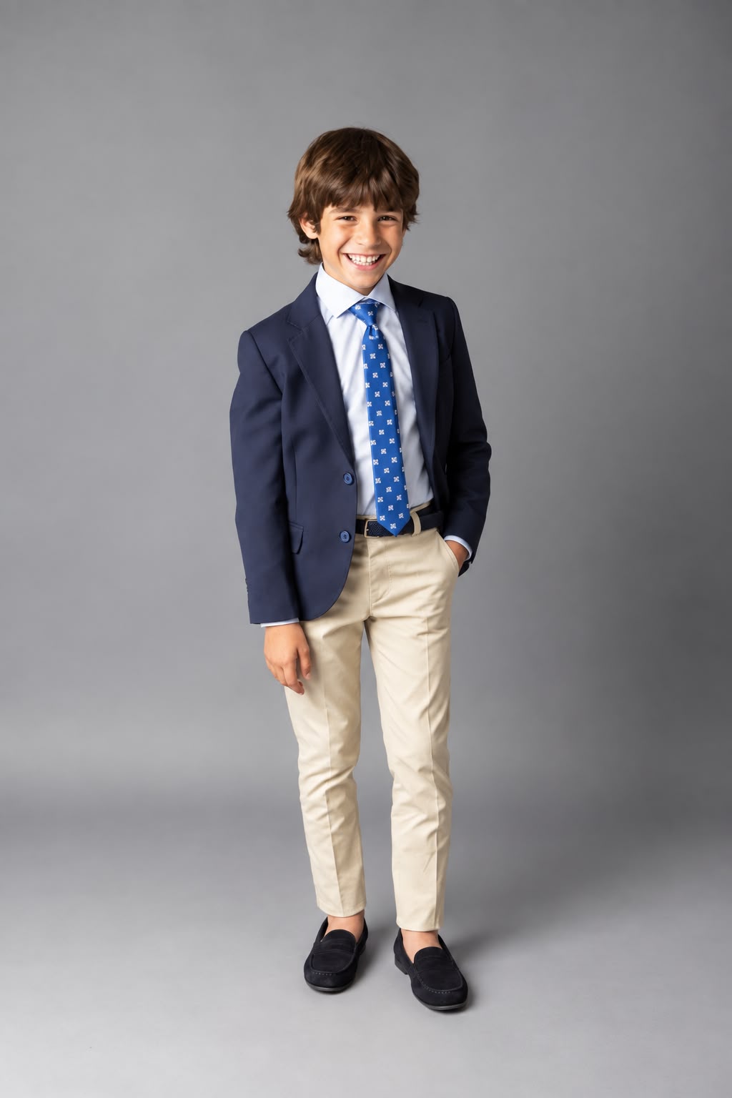 Traje completo con americana azul marino y pantalón color arena para comunión niño - marca Nova Drima