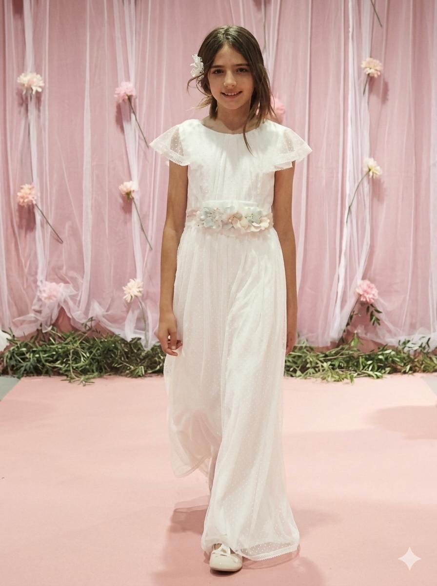 Enterizo de pantalón con tul blanco y manga corta de volantes para primera comunión niña - 576037 - marca Amaya