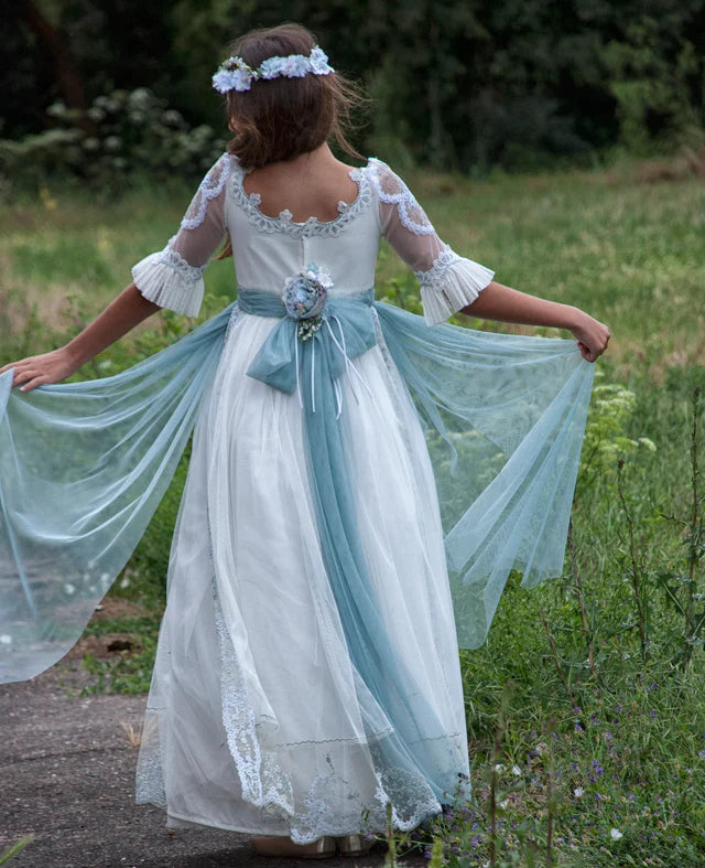 Vestido de comunión largo blanco con lazo y encaje verde aguamarina RITUAL - marca Mon Air