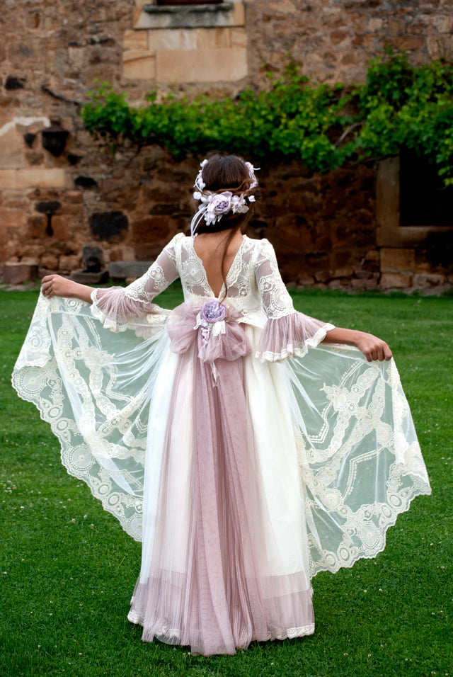 Vestido color crudo con bordado y cinturón malva - STAR - marca Mon Air