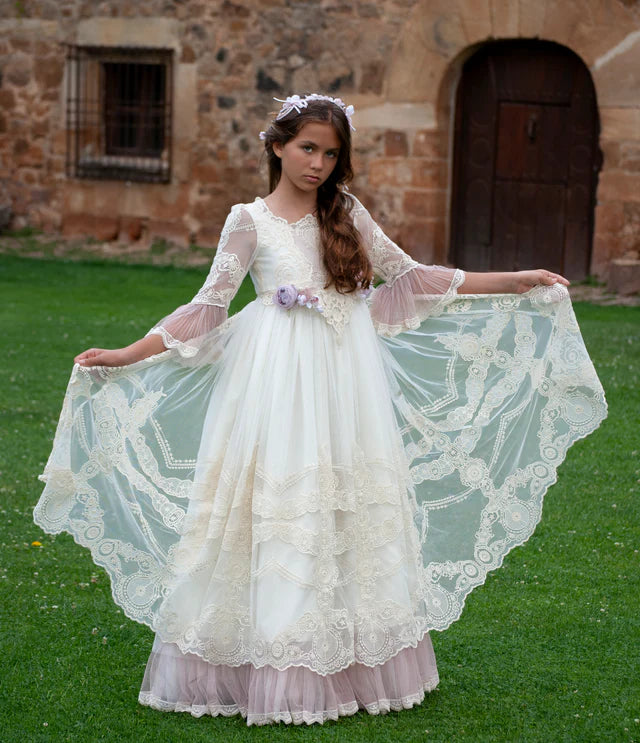 Vestido color crudo con bordado y cinturón malva - STAR - marca Mon Air