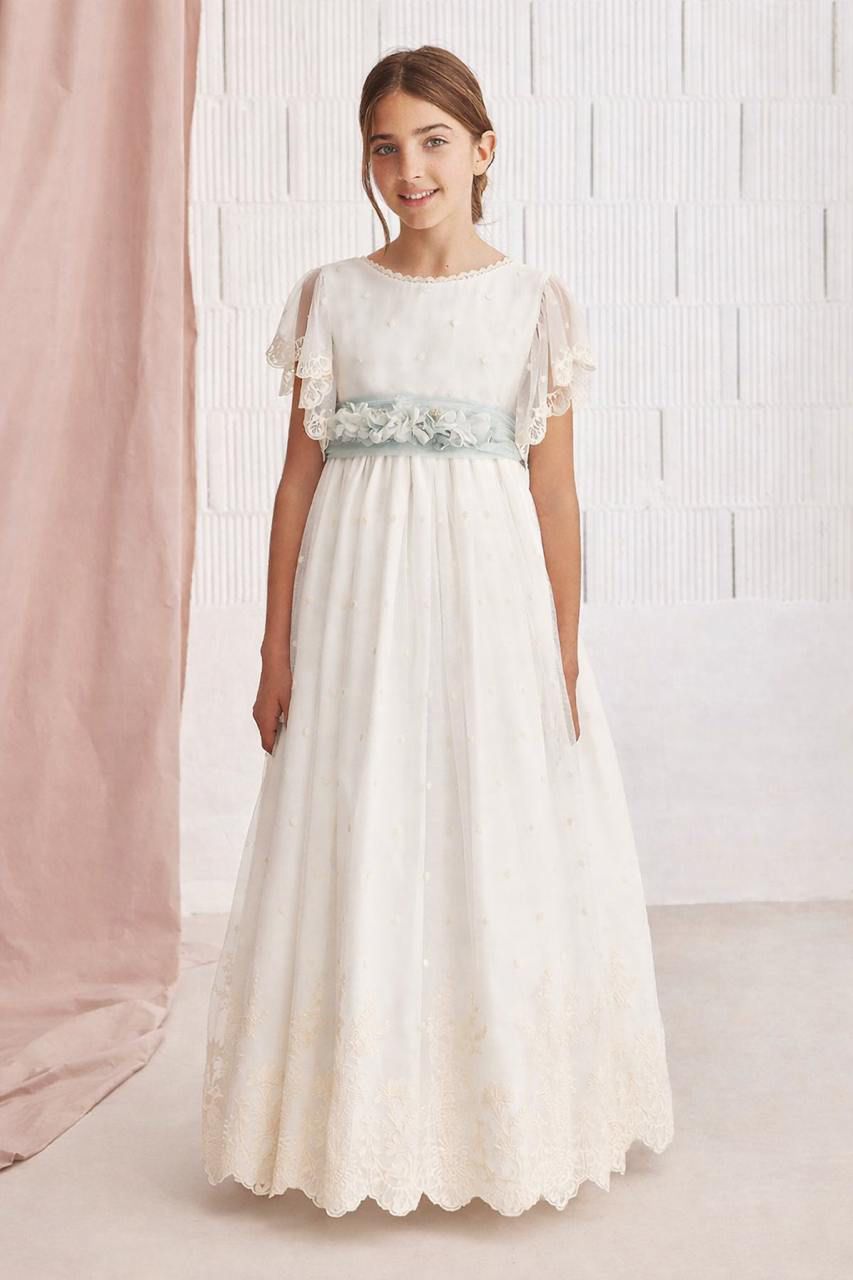 Vestido largo crudo con bordado y cinturón VERDE AGUA para comunión - 577013MC - marca Amaya