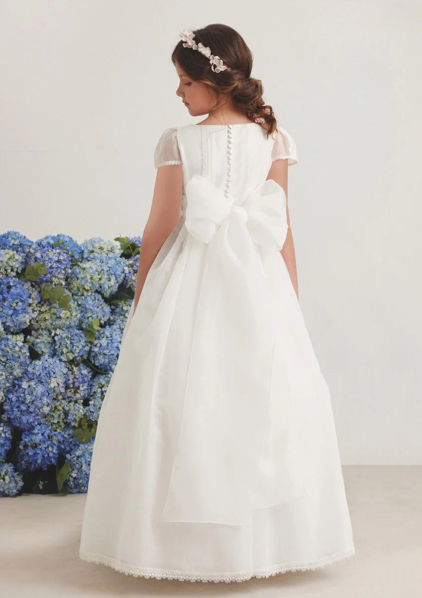 Vestido largo blanco con lazada bicolor para comunión (incluye corona de flores diferente de foto) - 587001MC -  marca Amaya