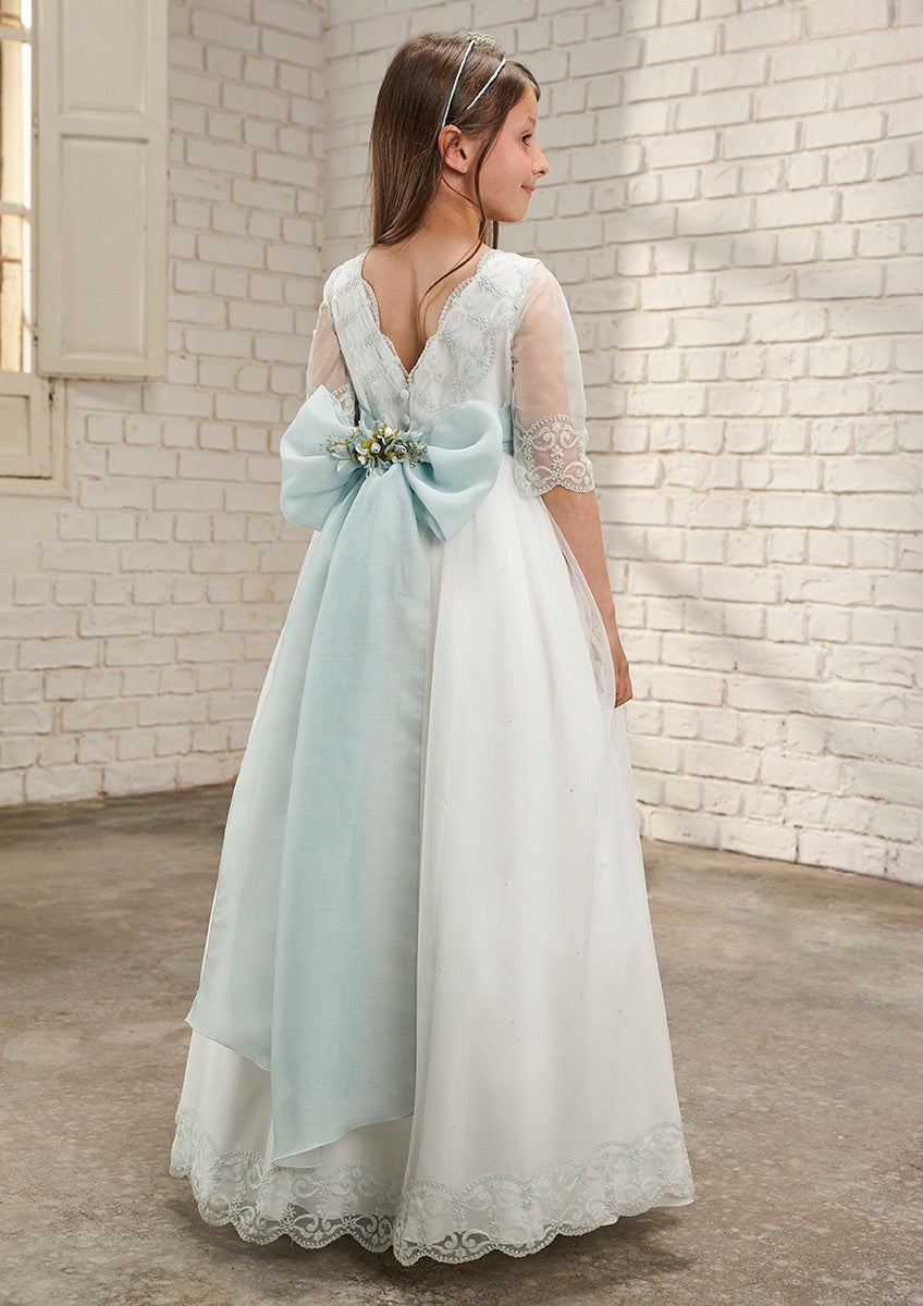 Vestido blanco con manga tres cuartos y cinturón color verde agua para comunión niña - 637026MD - marca Amaya