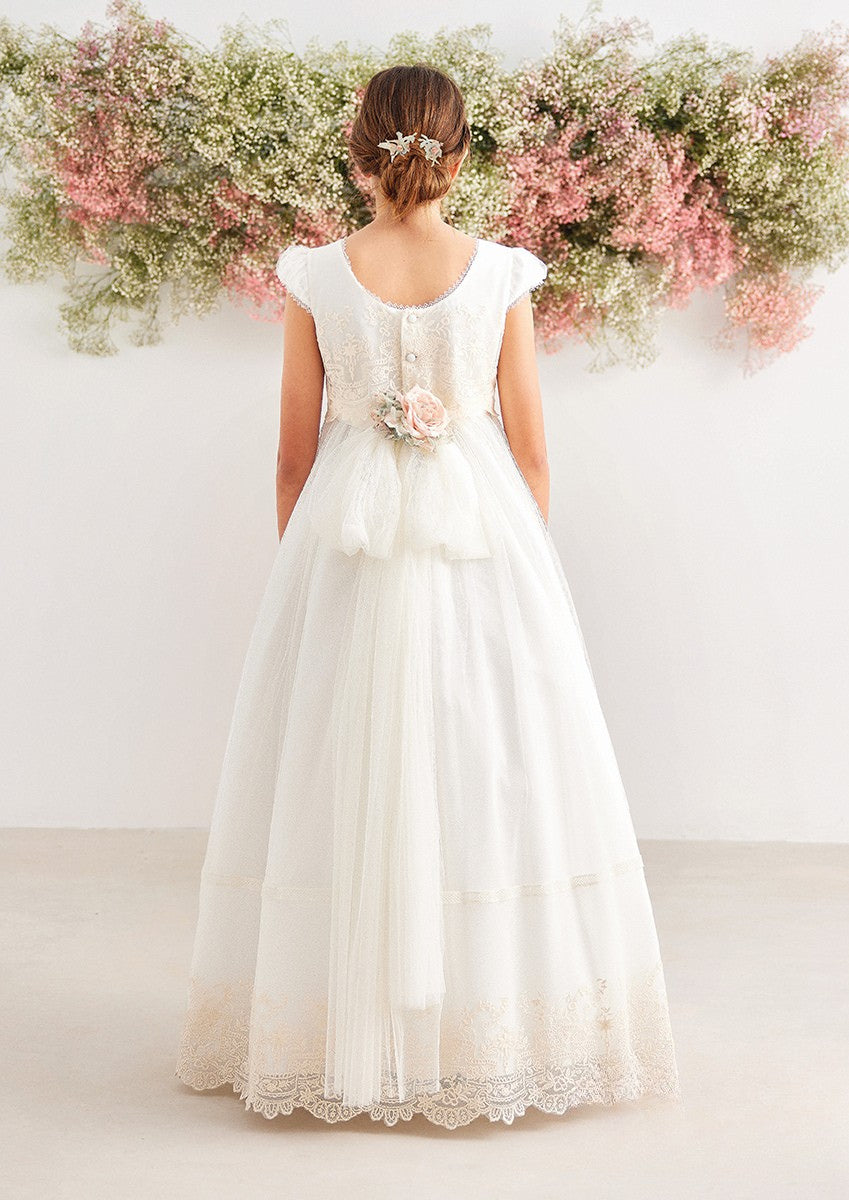 Vestido largo blanco con bordado tono marfil para comunión - 577014MC - marca Amaya