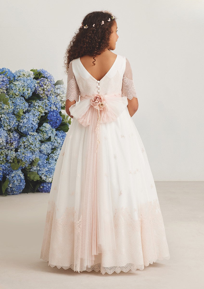 Vestido largo blanco con bordado rosa para comunión - 587018MD - marca Amaya
