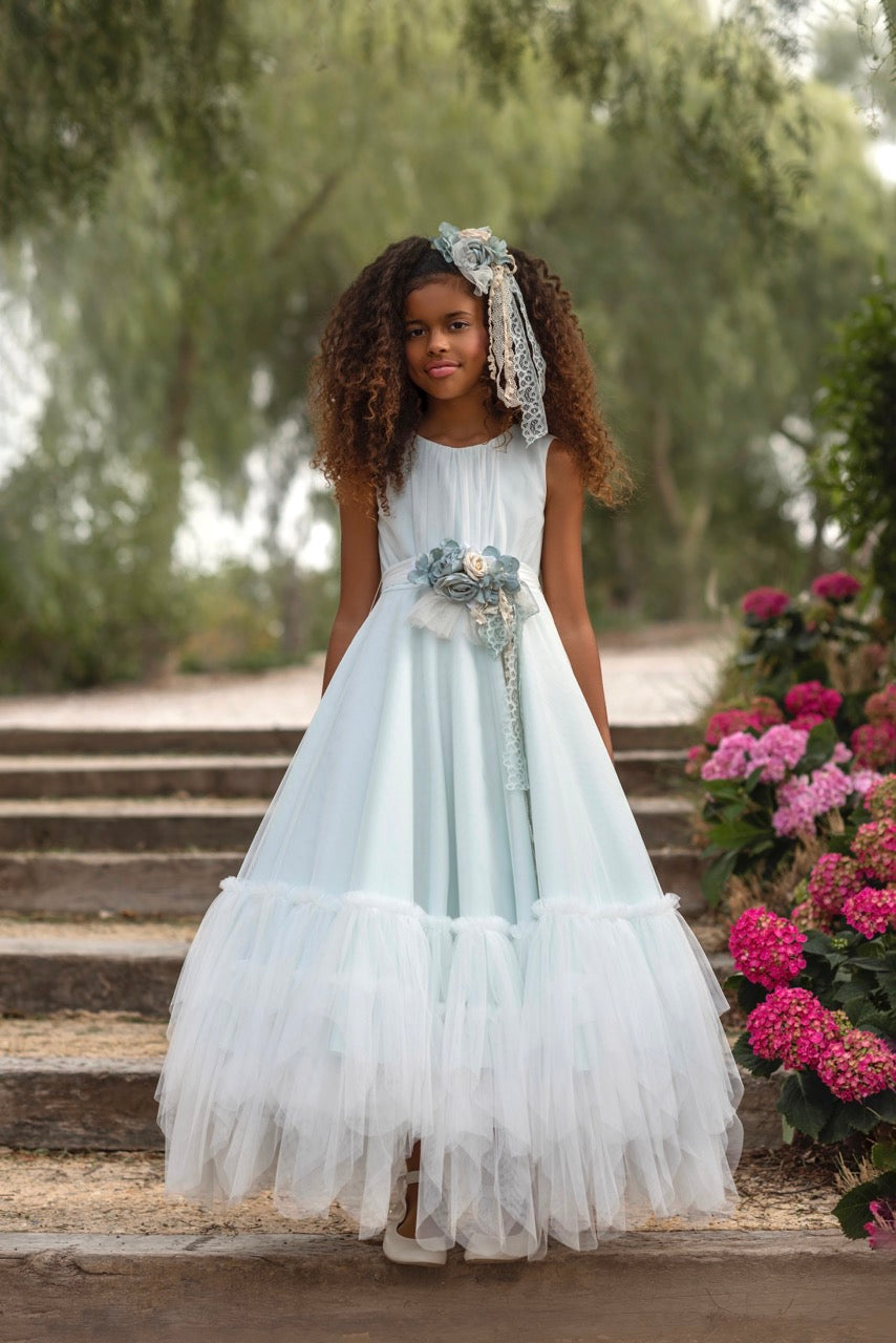 Vestido largo color aguamarina para comunión - 838 - marca Mimilú