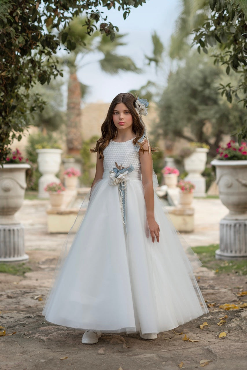 Vestido de tul blanco decorada con encaje para comunión - 849 - marca Mimilú
