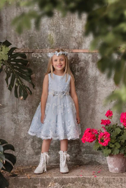 Vestido color azul claro con bordado floral para eventos sociales niña - 245 - marca Mimilú