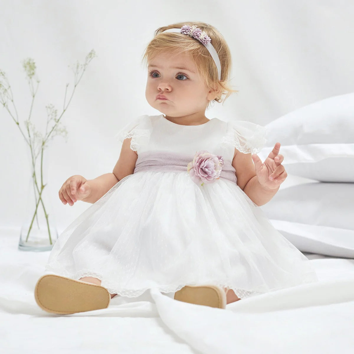 White tulle dress with mauve bow for christenings and social events - 582111 - Amaya brand