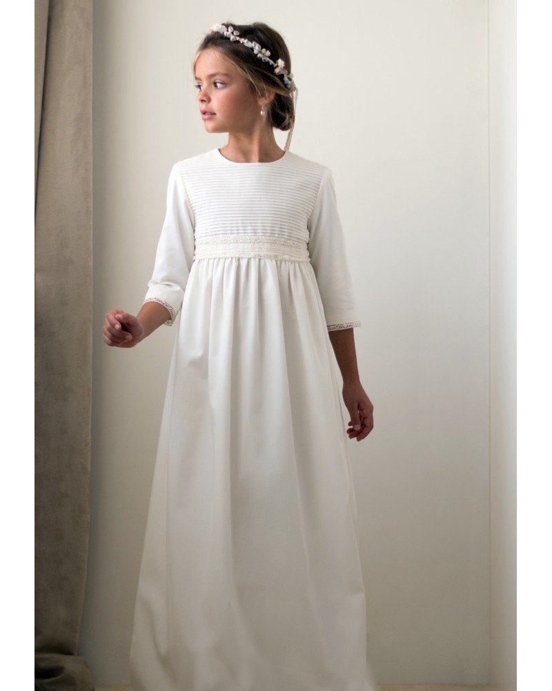 Vestido de lino y manga larga decorado con rallas para comunión niña - LUCIA - marca Petritas