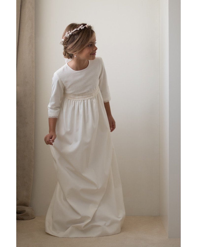 Vestido de lino y manga larga decorado con rallas para comunión niña - LUCIA - marca Petritas