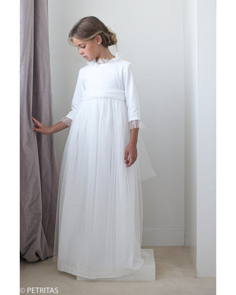 Vestido con manga larga de tela algodón con puntitos y tul para comunión niña - ALMA - marca Petritas