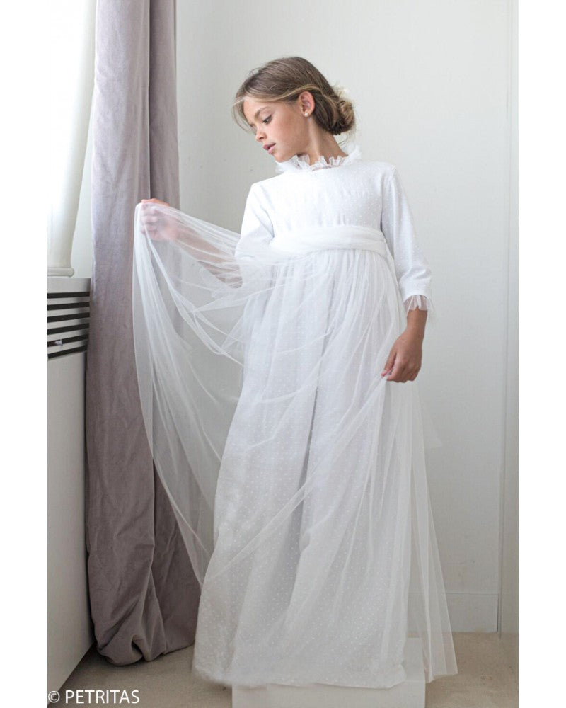 Vestido con manga larga de tela algodón con puntitos y tul para comunión niña - ALMA - marca Petritas