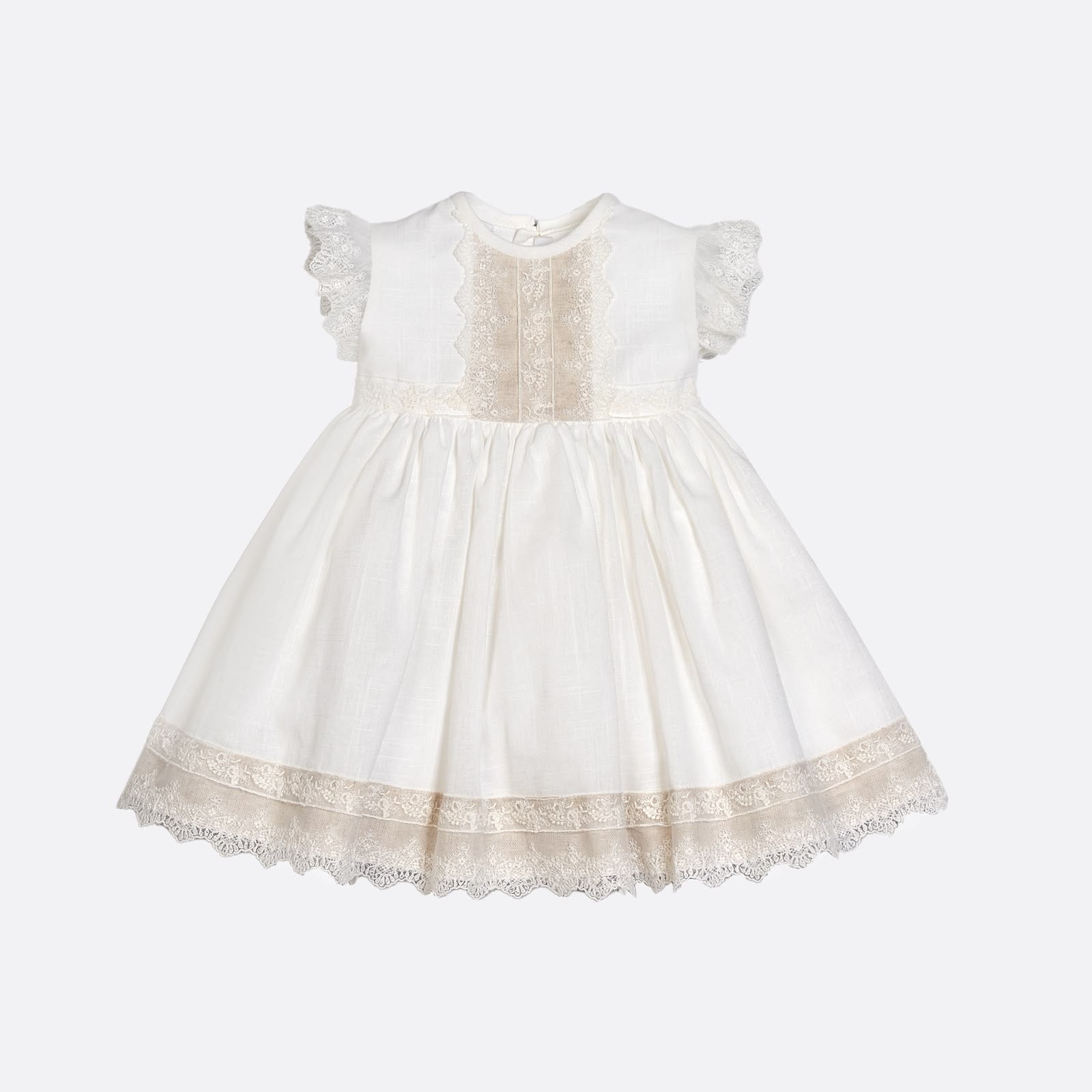 Vestido de lino algodón crudo decorado de encaje para bautizo niña - Little Linen - marca Amaya