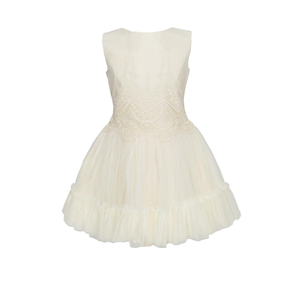 Vestido corto tono crudo bordado con encaje sin manga para eventos sociales - M005 - marca Marla