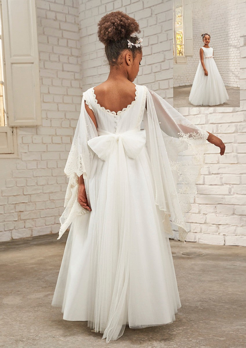 Vestido largo blanco decorado con bordados y mangas desmontables para niñas - 637008MF - marca Amaya